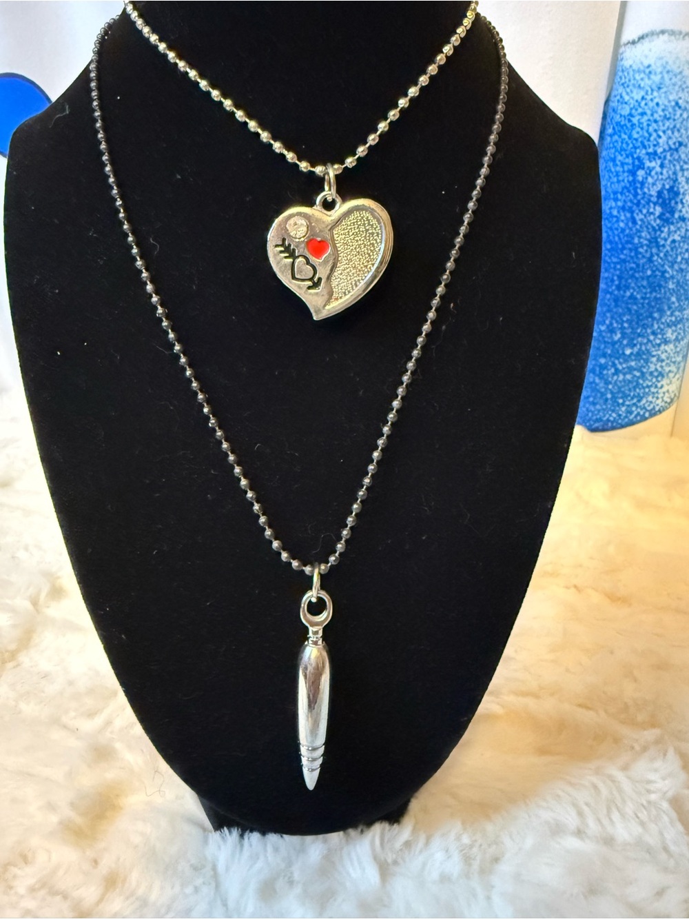 Set of 2 Vintage Ball Chain Necklaces Heart Rhinestone Silver Tone Pendant